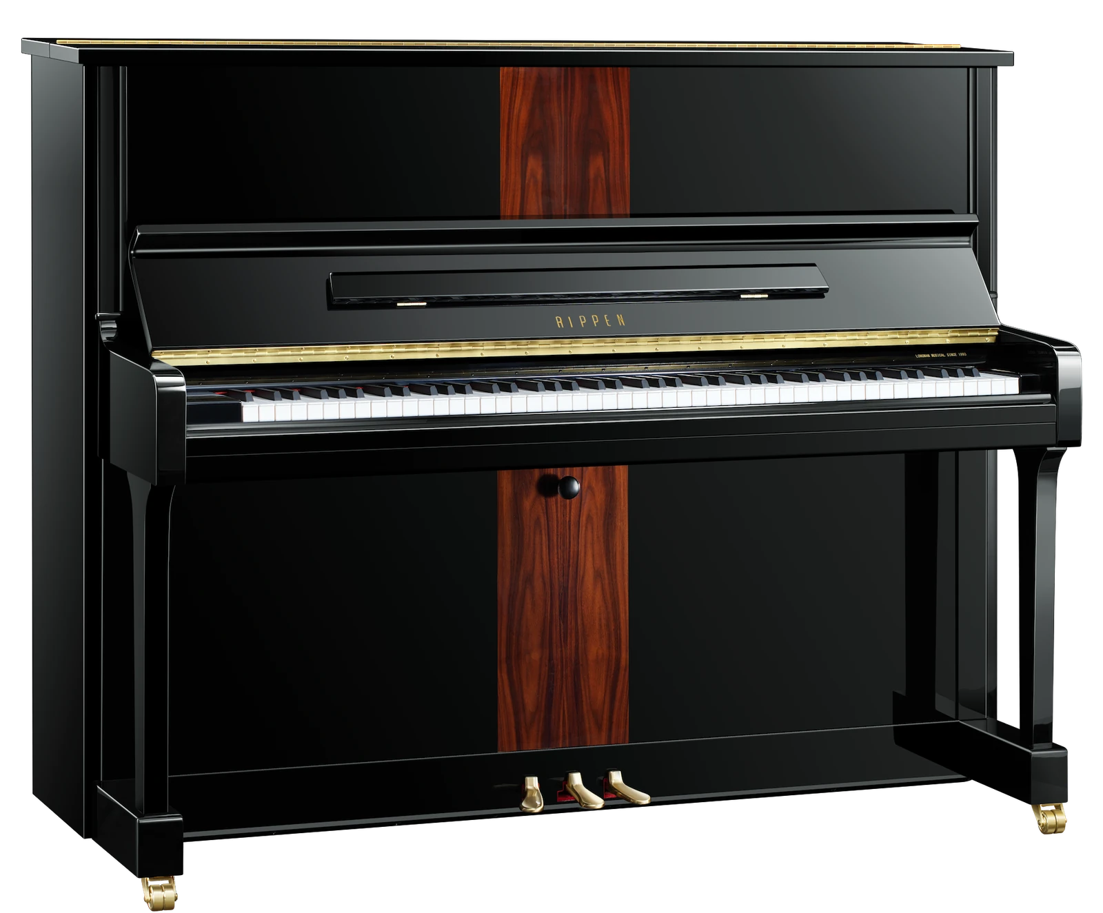 RIPPEN L1 piano with a black cabinet and central wood-tone panel
