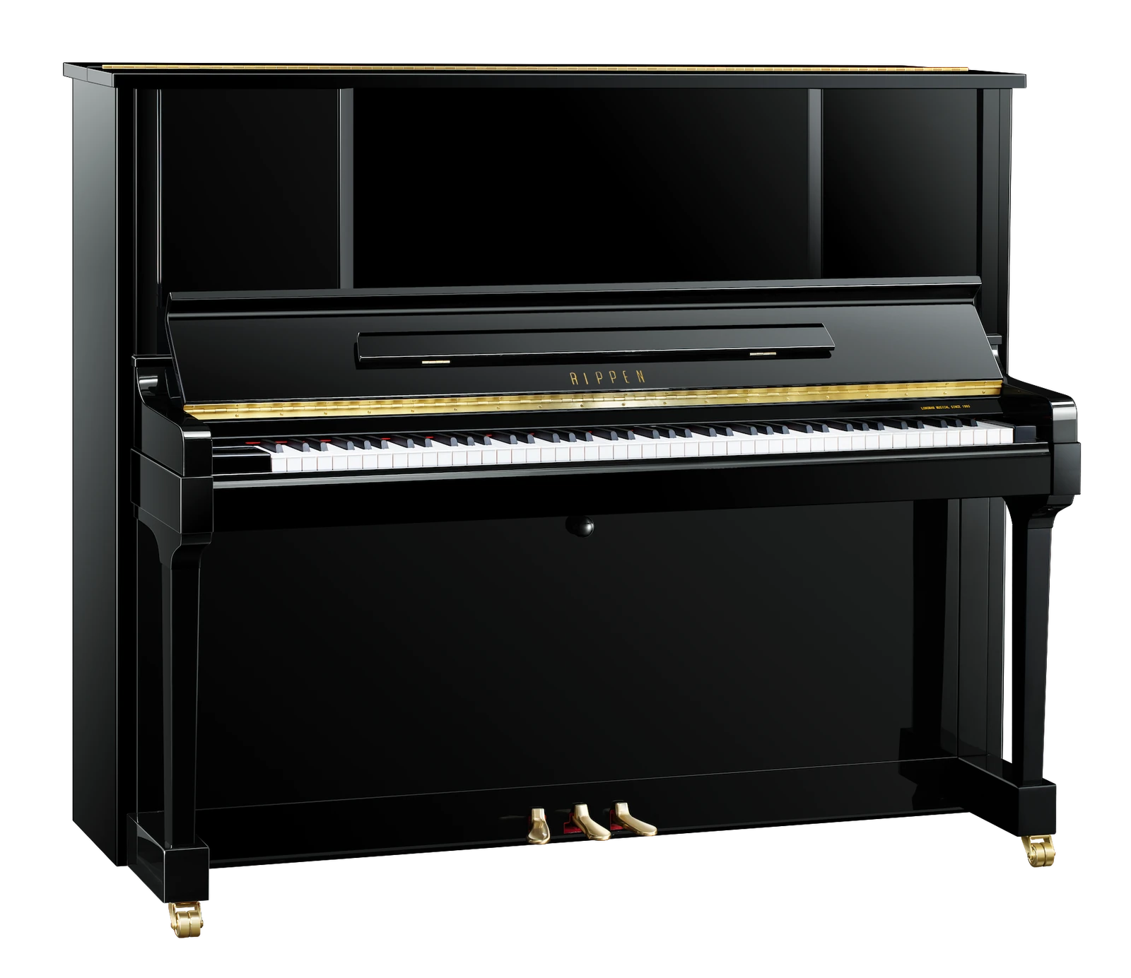 Black RIPPEN L3 piano showing the cabinet, keyboard and pedals