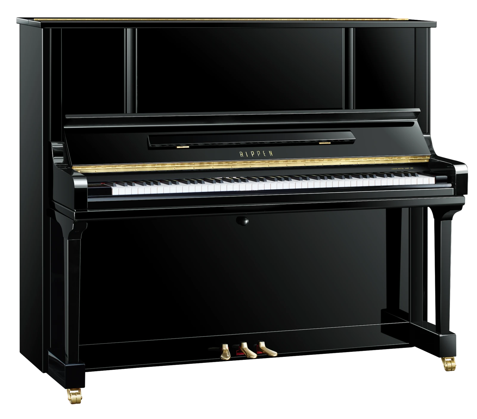 Black RIPPEN LS piano showing the cabinet, keyboard and pedals
